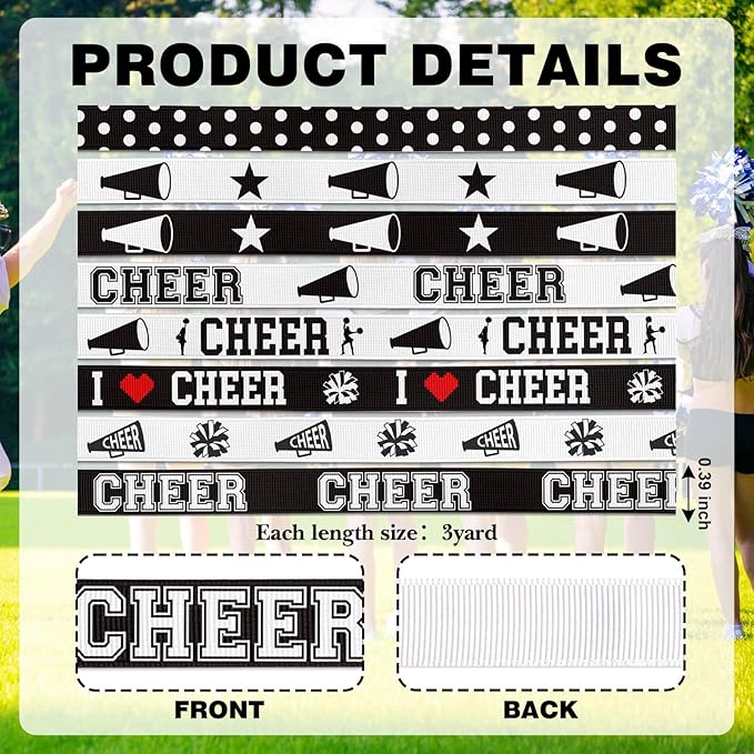 3/8 Inch Cheer Ribbon, 8 Pack Grosgrain Cheerleading Designs for Hair Bows, Mums and Spirit Crafts - 3 Yards Each