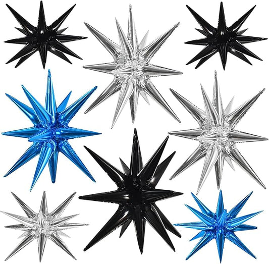 TONIFUL 8 Pcs Blue Silver Black Foil Balloons Large Star Balloons Explosion Star Mylar Balloons for Party Backdrop Christmas New Year Birthday Wedding Baby Shower Anniversary Photo Booth Supplies