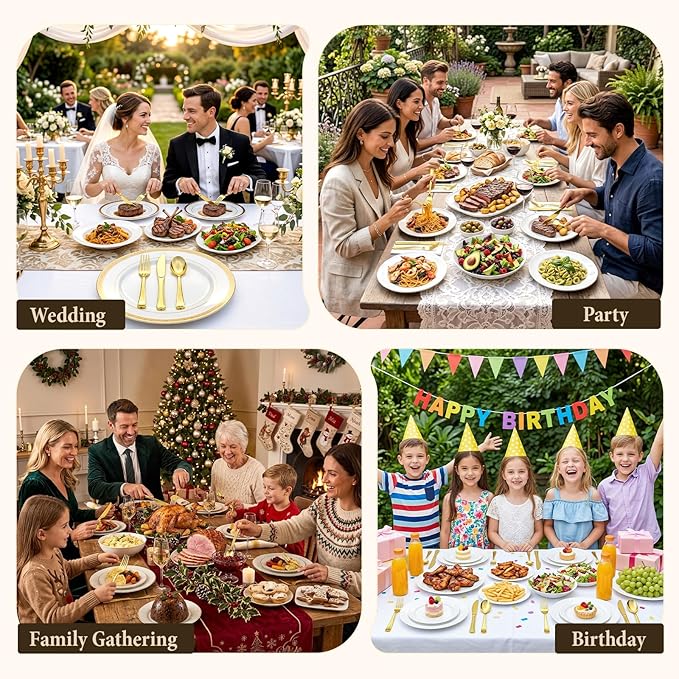 Gold Plastic Silverware 50 Guests,Pre Rolled Silverware Set Wrapped Plastic Cutlery Set Include 50 Forks,50 Knives,50 Spoons and 50 Napkins Heavy Duty Disposable Utensils for Party