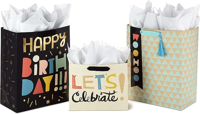 Hallmark Celebrate Gift Bags Assortment with Tissue Paper (Pack of 3: 2 Large 13" and 1 Medium 7" Gift Bags for Birthdays, Baby Showers and More)