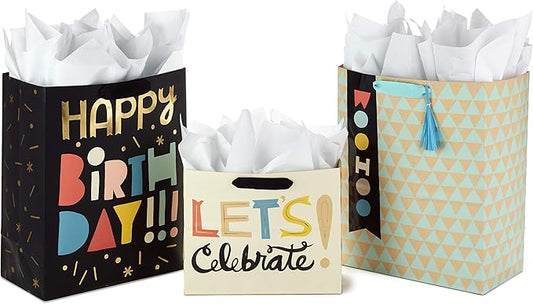 Hallmark Celebrate Gift Bags Assortment with Tissue Paper (Pack of 3: 2 Large 13" and 1 Medium 7" Gift Bags for Birthdays, Baby Showers and More)