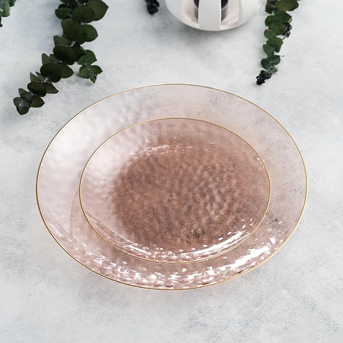 PLASTICPRO 64 Piece Combo Plates Set includes 32-7'' inch Plates & 32-10'' inch Dishes Rose Hammered Plastic PartyPlates Premium heavyweight Elegant, Disposable, Tableware, Dishes,