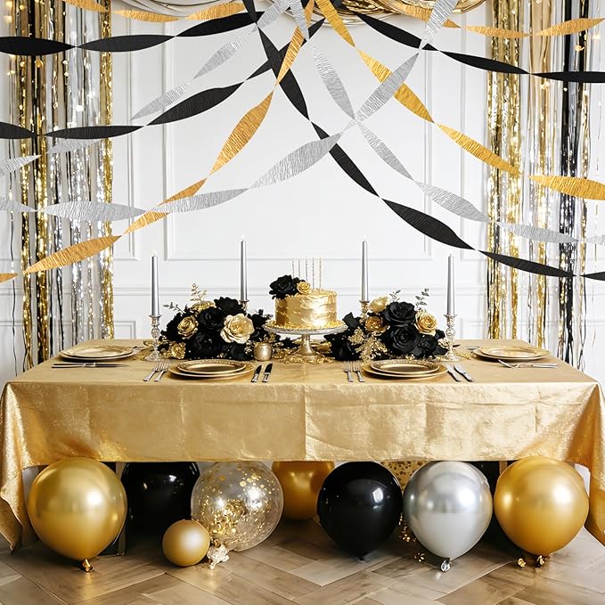 AOYOO Crepe Paper Streamers, 6 Rolls Black Gold and Silver Party Streamers, Premium Black and Gold Party Decorations for Birthday, New Years Eve, Wedding and Graduation Supplies