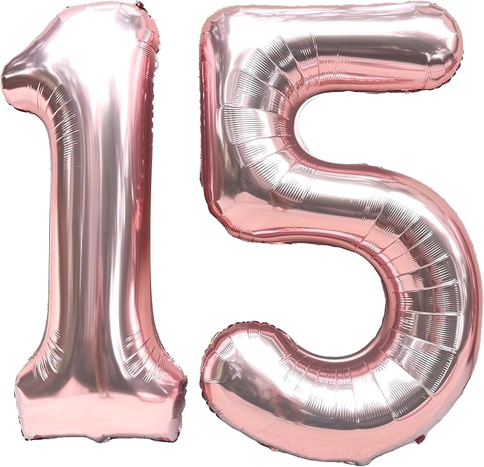 FIROMI 15 Foil Number Balloons Rose Gold 40-inch Big Giant Jumbo Mylar 15 or 51 Balloon Numbers for 15th Birthday Party Anniversary Decorations