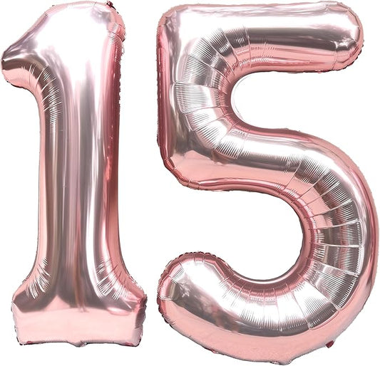 FIROMI 15 Foil Number Balloons Rose Gold 40-inch Big Giant Jumbo Mylar 15 or 51 Balloon Numbers for 15th Birthday Party Anniversary Decorations