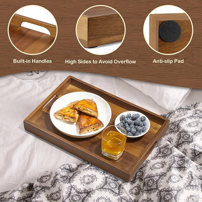 15 Inch Acacia Wood Serving Tray with Handles, Decorative Rectangle Wooden Tray for Ottoman, Breakfast in Bed, Coffee Table, Perfect for Living Room Bedroom Entryway and Kitchen