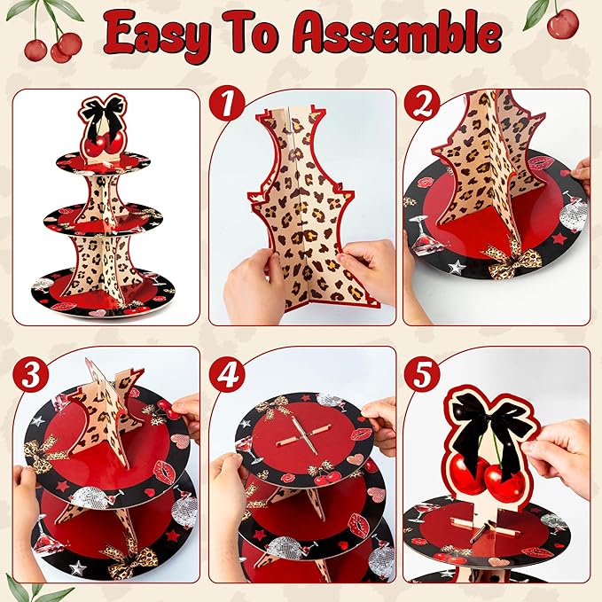 Haooryx Cheetah Cherry Cupcake Stand - 2Pack 3 Tier Red Cherry Bow Leopard Print Cupcake Tower Cardboard Dessert Holder Pastry Platter for Baby Shower Girls Birthday Wedding Holiday Party Table Decor