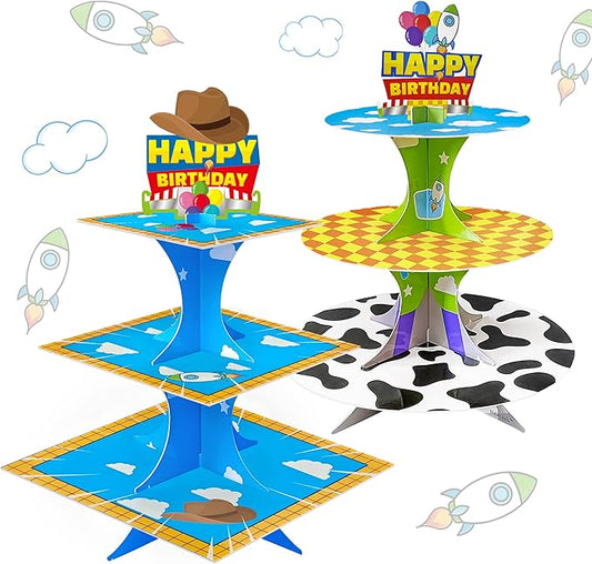 Nabenkalu 3-Tier Cartoon Story cupcake stand 2 Sets Cardboard Cake Stand Dessert Tower Holder for toy theme Birthday Decoration Baby Shower Party Supplies