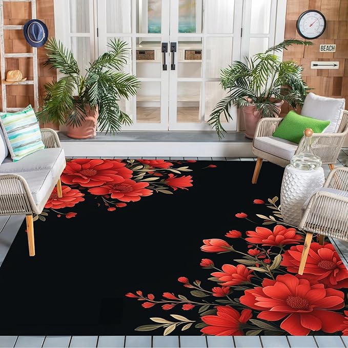 Botanical Floral Pattern 5x7 Outdoor Rug for Patio Deck Camping Balcony Porch Garden Backyard Flower Print Large Carpet Black Red Soft Waterproof Non Slip Outside Mat