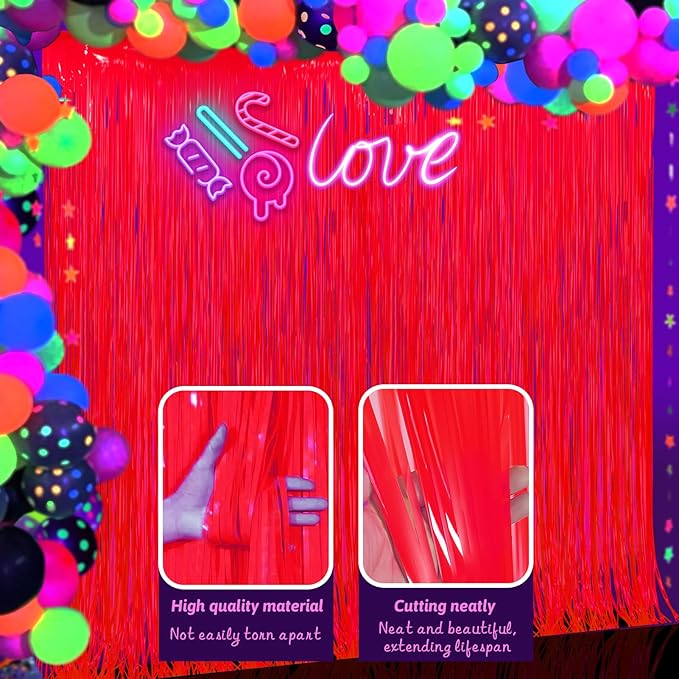 Glow in The Dark Party Supplies 2 Pack Neon Party Decorations Fluorescent Tinsel Foil Fringe Curtains Photo Booth Prop Backdrop Streamer Blacklight Decorations (Neon Orange)