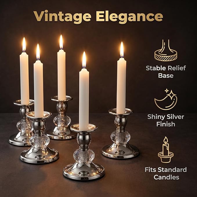 Candlestick Holders Taper Candle Holders, Candle Stick Candle Holder for Table Centerpiece, Wedding Reception, Festive Christmas Mantel Decoration or Home Decor (Silver, 3 Sets(6 Pcs))