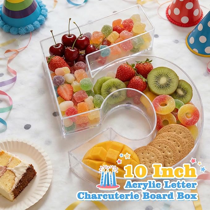Ledido 10’’ Acrylic Number Charcuterie Board Box, Reusable Fillable Serving Tray for Candy Cake Fruit Snack, Easy-Clean Acrylic Charcuterie Tray for Birthday Anniversary Party Decorations, Number 5