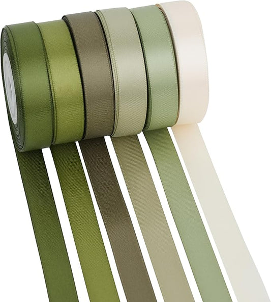 Sage Green Satin Ribbon, 1/2 Inch x 60 Yards, 6-Roll Assortment, Double Face Thin Ribbon for Gift Wrapping, Wedding Decor, Hair Bows, Bouquets, DIY Crafts