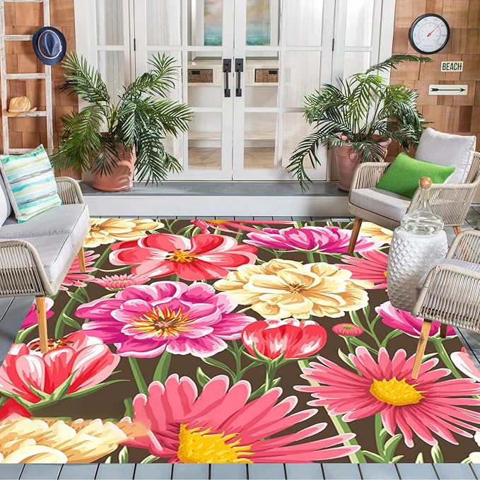 Vibrant Floral Outdoor Rug Modern Flower Texture Rugs for Patio Deck Porch Balcony Waterproof Non Slip Camping Garden Large Outside Carpet Easy Clean Machine Washable Pool Mat Pink 3x8