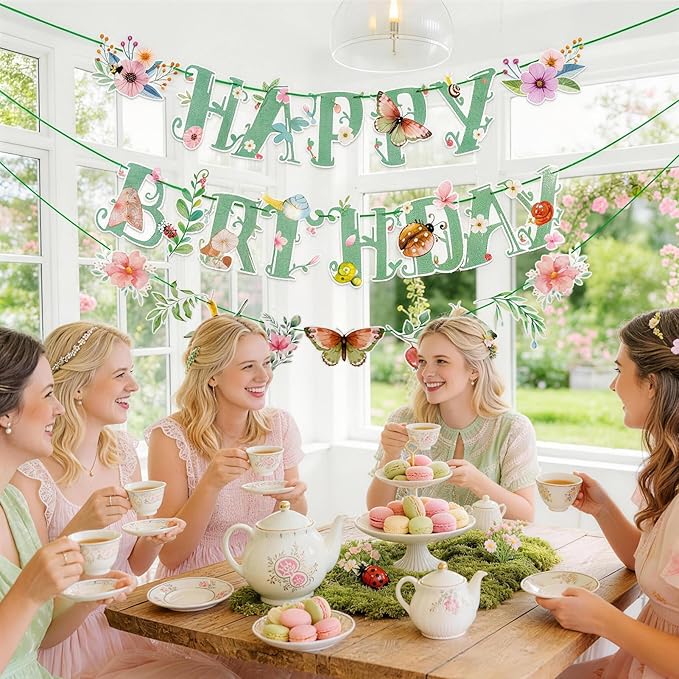SUNBEAUTY Wildflower Happy Birthday Banner Sage Green Floral Flower Party Decorations Butterfly Flower Banner Summer Spring Butterfly Birthday for Women Girl Baby Shower Garden Tea Party Supplies | Pre-Strung