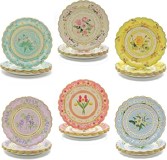 84-Pack Floral Paper Plates, Tea Party Decorations, 7 Inch Disposable Floral Plates for Tea Party, Baby Shower, Bridal Shower, Birthday, Wedding and Any Celebration