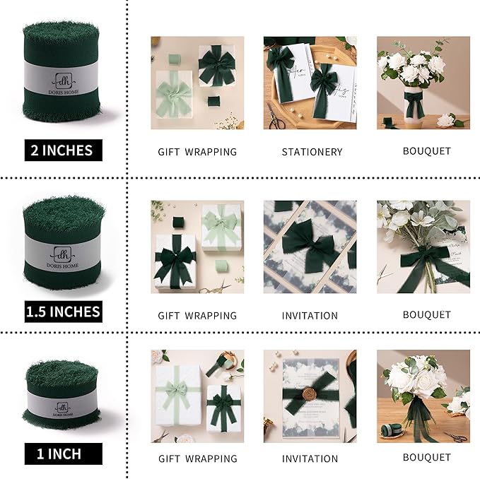 DORIS HOME Dark Green Chiffon Ribbon for Flower Bouquet, 2" x21Yd Fabric Ribbon for Gift Wrapping, Handmade Frayed Ribbon for Wedding/Christmas Decorations