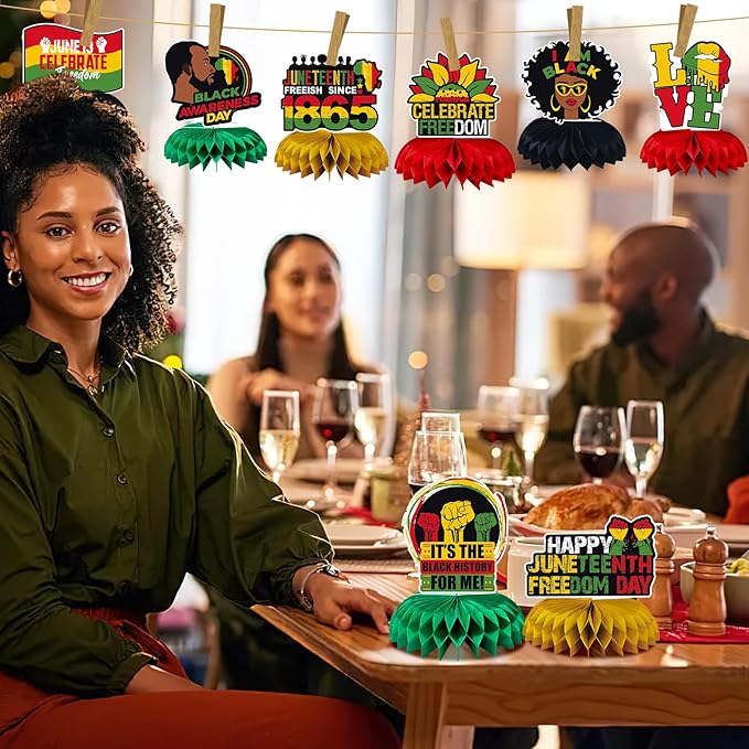 JULMELON 8PCS Juneteenth Party Decorations Honeycomb Centerpiece, 3D Double Side Juneteenth Centerpieces Table Topper for African American Independence 1865 Freedom Day Black History Party Supplies