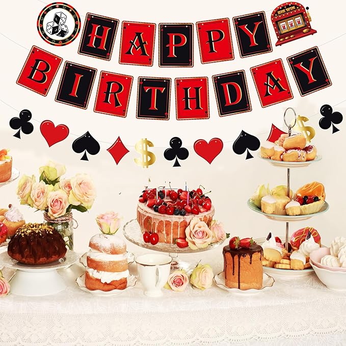 Pre-Strung 11PCS Casino Theme Happy Birthday Banners - Red Black Poker Birthday Party Decorations - Hanging Swirl Decor Supplies - Casino Games