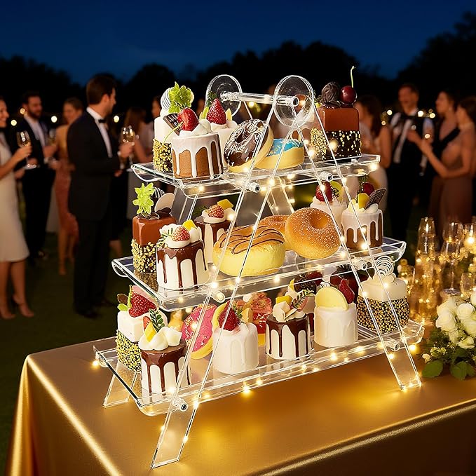 3 Tier Serving Tray, Cupcake Stand Party Serving Decorative Tray Decor with 2m Light String, Reusable Collapsible Tiered Serving Tray for Birthday Tea Wedding Party Baby Shower Christmas (Acrylic)