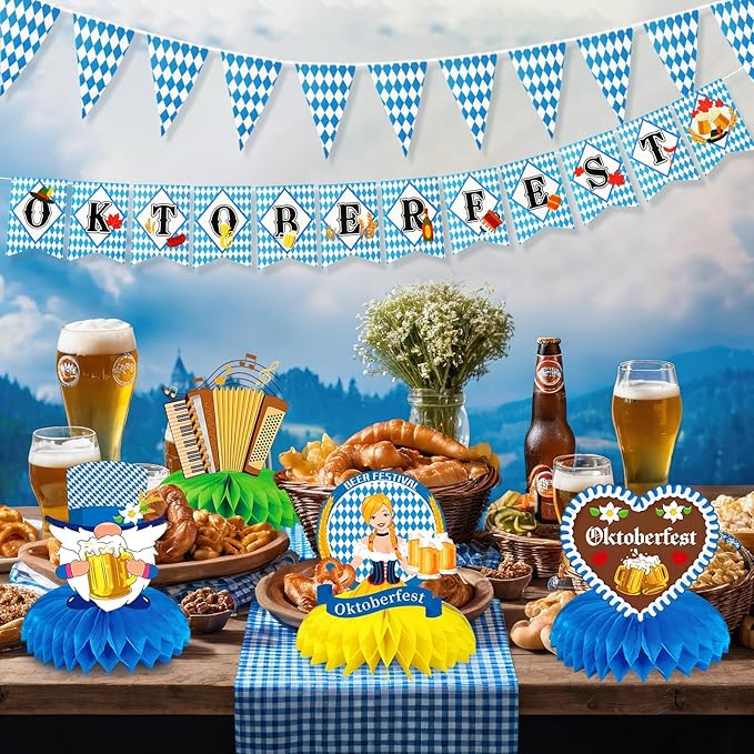 JULMELON 8PCS Oktoberfest Party Decorations Honeycomb Centerpiece, 3D Double Side Bavarian German Beer Festival Party Table Toppers for Oktoberfest Theme Party Table Decorations Favors Supplies