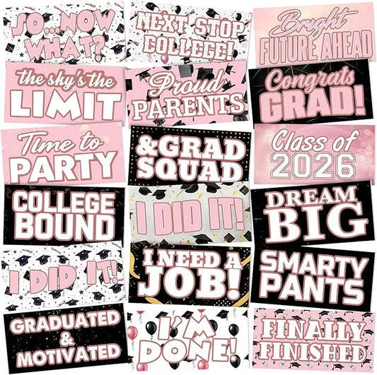 Beeveer 24 Designs Pink Graduation Photo Booth Props Double Sided 11x5.51'' Pink and Black Graduation Decoration 2026 Picture Props for Photoshoot Waterproof Selfie Signs PVC for Prom Party Supplies