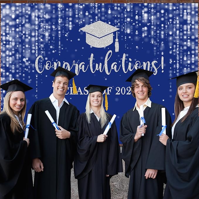 Mocsicka Class of 2026 Backdrop Blue Silver Glitter Bokeh Graduation Party Background 2026 Congrats Grad Prom Party Cake Table Decoration Photo Booth Props (8x6ft)