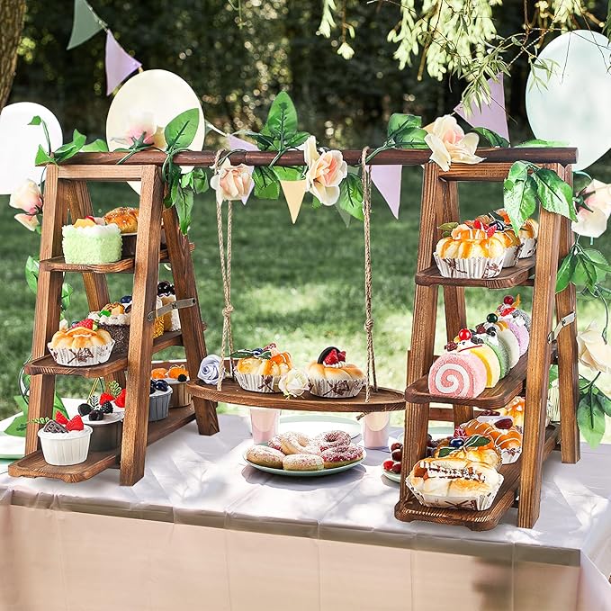 Wisreach Wooden 3 Tier Cupcake Stand with Swing and Flower Decoration Serving Removable Tray Display Serving Ladder Foldable Stand with Serving Platter Tray Party Food Display Set for Cake Snack Fruit Chips Bread Centerpieces Catering