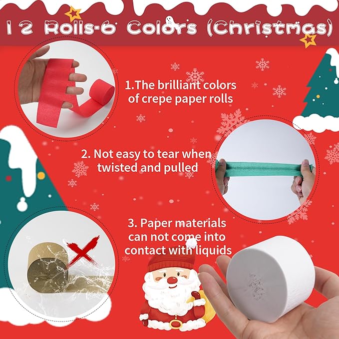 Streamers, 12 Rolls Christmas Crepe Paper Streamers, 6 Colors Christmas Party Streamers for Ceiling Background Wall Dining Table Door Window Staircase Yard Decoration