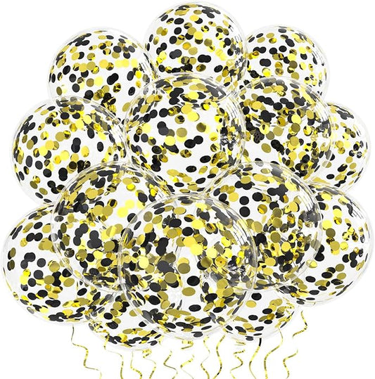 Black Gold Confetti Balloons 25 Pcs, 12 Inch Thickened Clear Latex Balloon with Confetti Inside for 2025 Happy New Year Eve Party Decoration Baby Shower Birthday Party Decorations Supplies