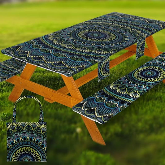 Picnic Table Cover with Bench Covers Vinyl Elastic Edges Fitted Rectangle Seat Tables Waterproof 3-Piece72X30in Set Outdoor Rectangular Folding Backing Tablecloth for Camping Over Size