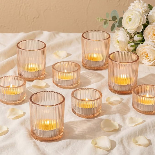 Glasseam Gold Votive Candle Holders: 8 Pcs Ribbed Glass Tealight Candle Holder Set Tea Light Holders Wedding Decorations for Reception Modern Home Decor Centerpiece Gifts