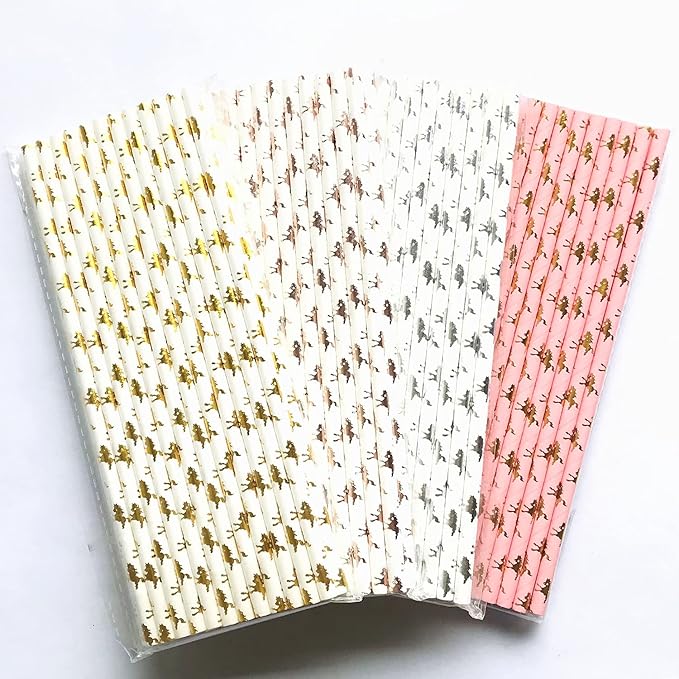 100 pcs Mixed Biodegradable Party Paper Straws, Pink Metallic Golden Rose Gold Silver Foil Pony Drinking Straws Bulk, Kentucky Horse Derby Baby Shower Birthday Wedding Cake Pop Sticks (Carousel Horse)