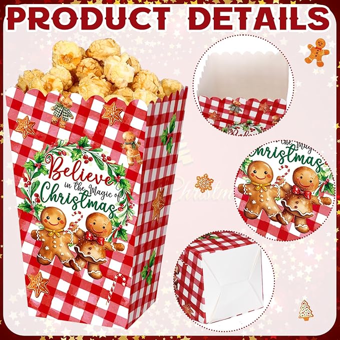Gueevin 60 Pcs Christmas Popcorn Boxes Gingerbread Man Treat Boxes Candy Cookie Holder Container for Christmas Party Favors Supplies Decorations