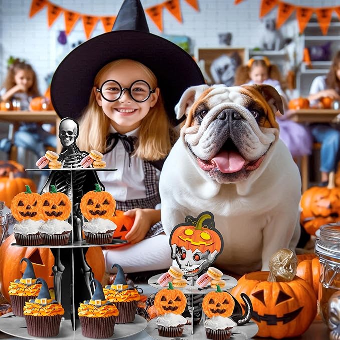 Haooryx Dachshund Dog Skeleton Cupcake Stand - 3 Tier Halloween Pumpkin Dog Bone Cupcake Tower Cardboard Gothic Dessert Holder Pastry Platter for Halloween Party Table Decoration Birthday Party Supply