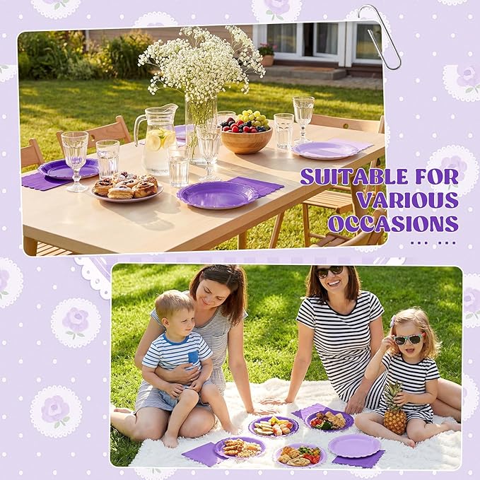 120 Pcs Paper Plates and Napkins Party Supplies Bulk Disposable 7 Inch Scalloped Plates Cocktail Napkins for Wedding Bridal Baby Shower Birthday Decorations, Serve 60(Purple Series)