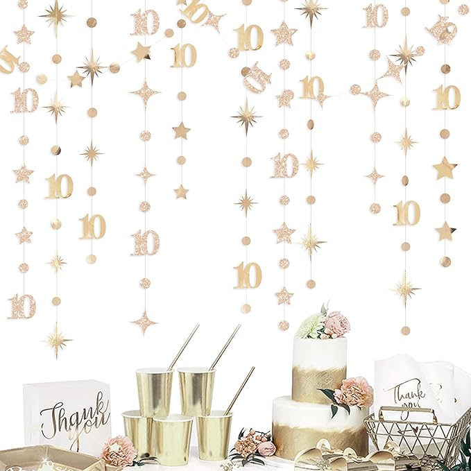 Champagne Gold 10th Birthday Decorations Number 10 Circle Dot Star Garland Streamer Banner Backdrop for Girls Boys Double Digits Cheers to 10 Years Old Birthday Happy 10th Anniversary Party Supplies