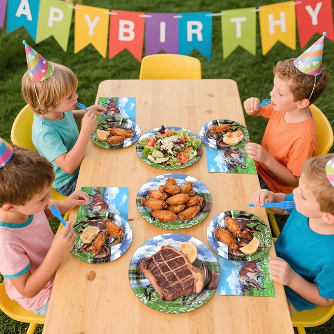 Horse Party Supplies - Horse Party Tableware - Dinner Plates, Dessert Plates, Napkins, Forks for Horse Racing Cowboy Western Boy Birthday Party Supplies Decorations, Serves 25