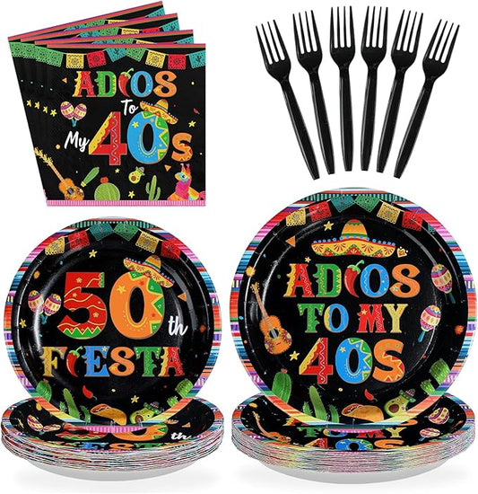 96Pcs Adios to My 40S Party Supplies Mexican 50th Birthday Plates and Napkins Disposable Taco Bout 50 Fiesta Cactus Tableware Set for Adults 50th Birthday Cinco De Mayo Party Decorations Serves 24