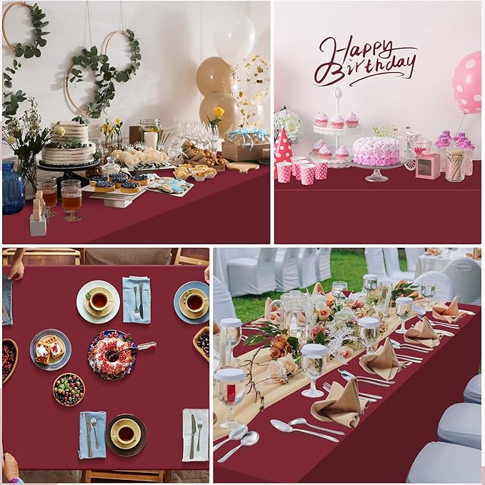 3Pcs Burgundy Tablecloth,Disposable Plastic Tablecloths,Waterproof Wine Red Rectangle Table Cover for Graduation Birthdays Weddings Anniversary Party Decorations,54 x 108 Inch
