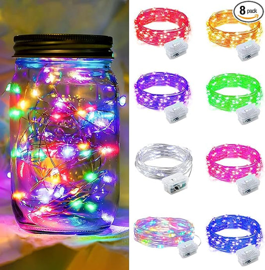 8 Pack Fairy Lights 7Ft 20 LED Twinkle String Lights Battery Operated Waterproof Firefly Starry for Mason Jar Party Wedding Christmas Valentines Day,8-Colors
