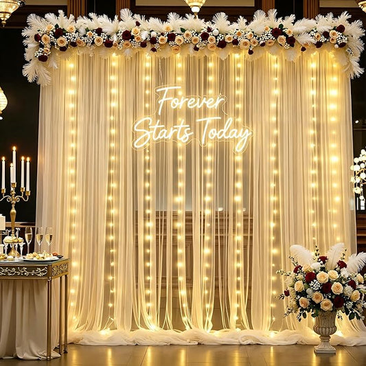 10×15ft Champagne Tulle Backdrop Curtain with Lights String for Parites Sheer Fabric Backdrop Curtains for Wedding Baby Shower Birthday Party Backdrop Drapes Bridal Shower Photo Shoot Background