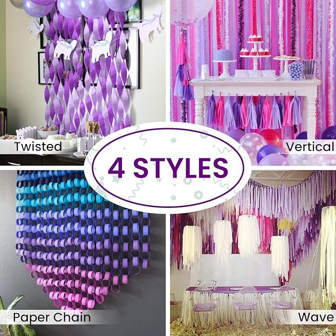 PartyWoo Purple Crepe Paper Streamers 6pcs 492ft Pack of Light Dark Purple Lavender White Silver Crepe Paper Streamers for Birthday Baby Shower Graduation Princess Butterfly Theme Party Decorations