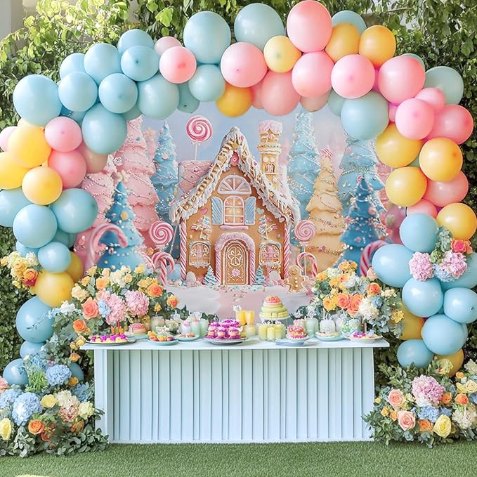 Mocsicka Christmas Candy House Backdrop Pink Candy Gingerbread Background for Photography Xmas Sweet Baby Shower Birthday Candyland Merry Christams Party Supplies (Pink, 7x5ft(82"x60"))