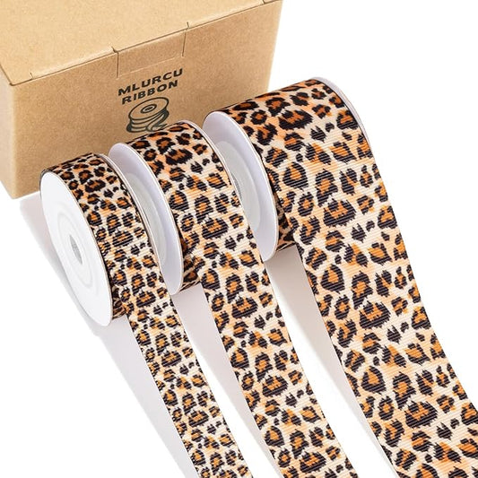 Leopard Print Ribbon Set 3 Rolls Animal Print Grosgrain Ribbons in 5/8", 7/8", 1.5", Stylish Jungle Safari Patterned Ribbon for Gift Wrapping, DIY Crafts, Hair Bows, Party Decor