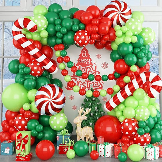 HILAVO Christmas Balloon Garland Arch Kit, 113PCS Green and Red Dot Balloons mit Pinwheel Candy Cane Balloons for Christmas Funny PartyWinter Holiday Birthday Decorations