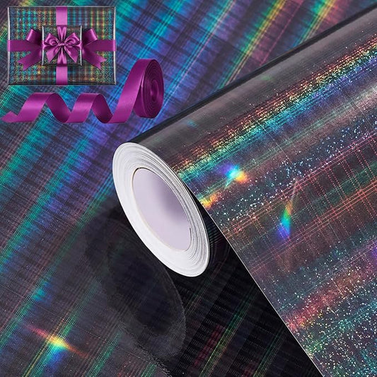 Bafeil Black Holographic Striped Wrapping Paper Roll with Ribbon, Metallic Iridescent Gift Wrap Paper for Birthdays, Mother’s Day, Graduations, Weddings, Father’s Day, Teachers’ Day