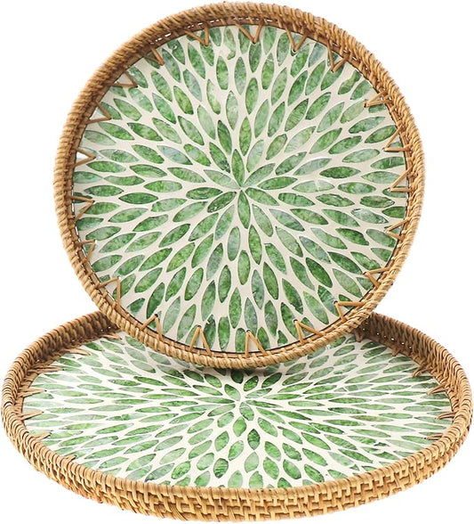 Round Rattan Tray with Mother of Pearl Inlay, Handwoven Wicker Coffee Table Serving Basket Tray for Fruit Snack Party Picnic Cafe Bedroom Kitchen Home Decor Set of 2 (Green Leaves)
