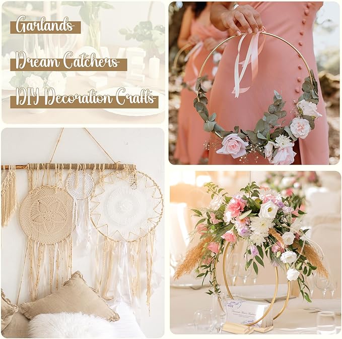 BOUBONI 10 Pcs 12 Inch Metal Floral Hoop Centerpiece with 10 Pcs Wooden Stand for Table Metal Wreath Ring Stand for Centerpiece Table Decorations Wedding Decor Wall Hanging Crafts