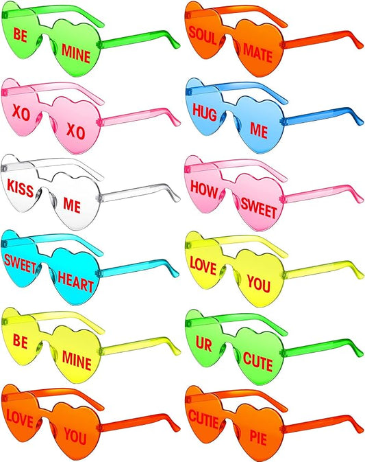 LEIFIDE 12 Pieces Valentine Heart Shape Rimless Fun Sunglasses Conversation Heart Glasses Eyewear for Wedding Party Favor